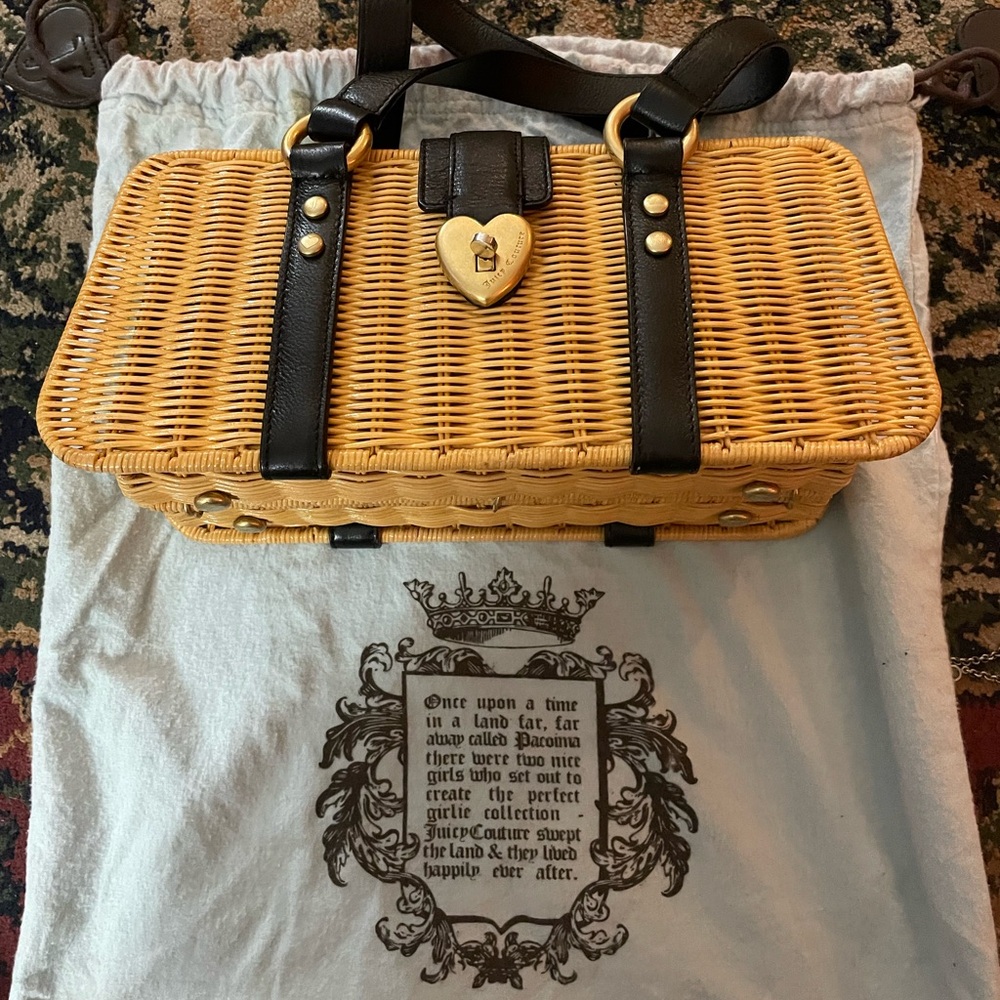 Y2K Juicy Couture Natural Tan Wicker Tote with Black Trim & Heart Lock